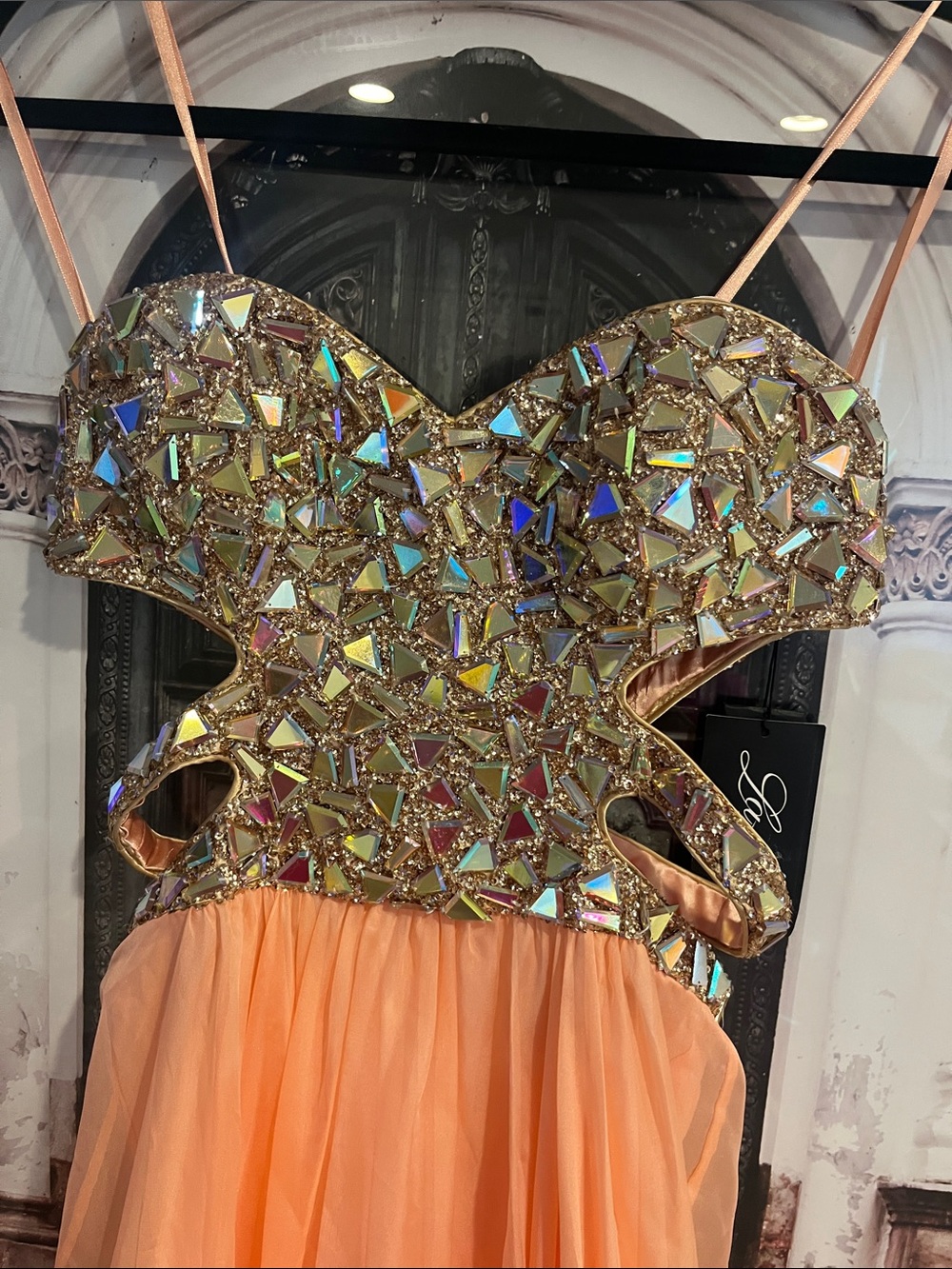 La Femme Peach Iridescent Embellished Cutout Gown